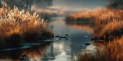 Tranquil river landscape at dawn with reflections of plants and birds in early morning light photo