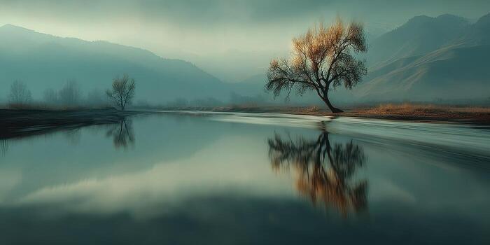 Calm river reflecting bare trees in serene landscape during twilight hours photo