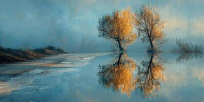 Serene landscape featuring two golden trees reflecting in calm water at dawn photo