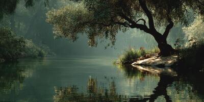 Gentle morning light reflecting on still water surrounded by trees in a serene landscape photo