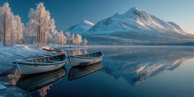 Winter morning view of boats on a tranquil lake surrounded by snow-covered mountains photo