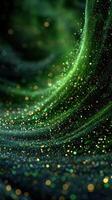 Vibrant green and gold abstract swirl pattern with shimmering particles in a dark background setting photo