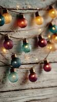 Decorative string lights illuminate a rustic wooden wall during a cozy evening gathering in a warm atmosphere photo