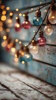 Decorative string lights with colorful glass bulbs illuminate a rustic wooden backdrop in a cozy setting photo