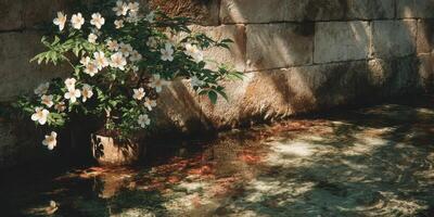 Blossoming flowers reflected in tranquil water beside an ancient stone wall during golden hour photo
