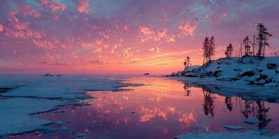 Winter sunset over a frozen lake reflects vibrant colors and silhouettes of trees at twilight near a snowy shoreline photo