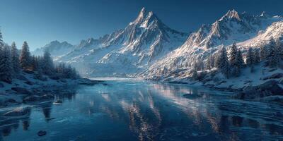 Stunning winter landscape with snow-covered mountains and a calm frozen lake at twilight photo