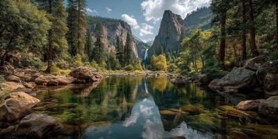 Scenic view of a forested valley with a waterfall reflecting in calm water photo