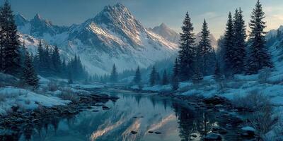 Winter landscape showcasing mountains, evergreen trees, and a tranquil river during twilight hours photo