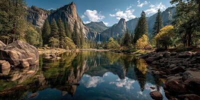 Breathtaking reflection of mountains in still water at Yosemite National Park in autumn photo