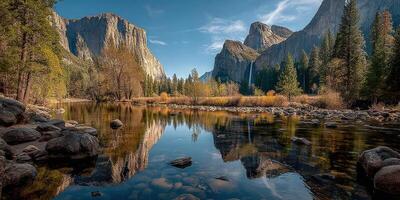 Scenic view of Yosemite National Park with stunning rock formations and a calm river reflecting the autumn landscape photo