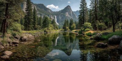 Serene river reflecting mountains and lush trees under a clear sky in a tranquil nature setting photo