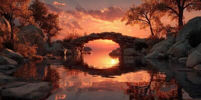 Sunset over tranquil waters with a stone bridge reflected in the calm lake in a serene natural setting photo