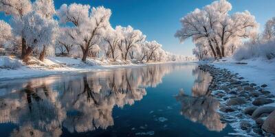 Winter landscape with frosty trees reflecting in the calm river under a clear blue sky photo