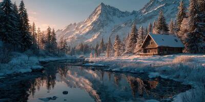 Winter landscape with a cozy cabin by the river at sunrise in a mountainous region photo