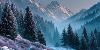 Snowy mountain landscape at dawn showcases tranquil beauty of nature with frost-covered trees and majestic peaks photo