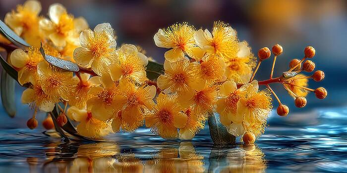 Beautiful blooming yellow flowers floating on calm water surface during sunny day in a serene natural setting photo