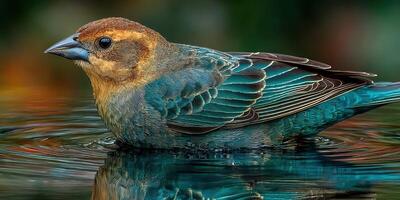 Colorful bird bathing in a reflective pond surrounded by greenery during a sunny day photo