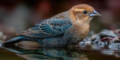 Brown-headed cowbird blends with rocks at a watering hole during morning light in nature photo