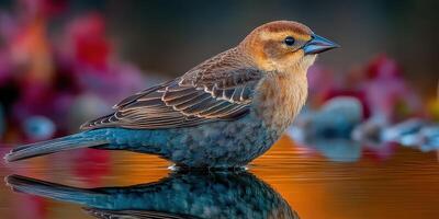 Brown-headed bird standing by tranquil water reflecting colorful foliage in serene natural setting during golden hour photo