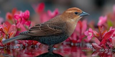 Colorful bird standing near vibrant pink flowers at a tranquil water's edge during the golden hour of the day photo