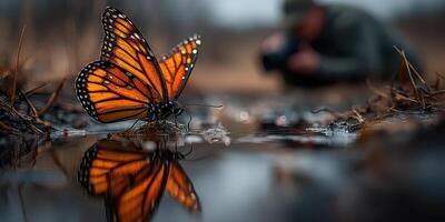 Butterfly perched near water with photographer capturing details at a serene outdoor location during a cloudy day photo