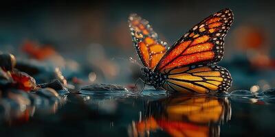 Monarch butterfly resting by water in a serene natural setting during golden hour photo