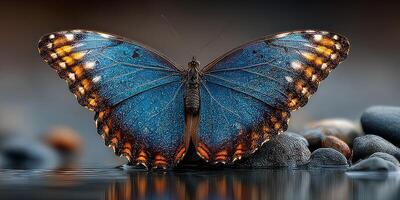 Bright blue butterfly perched on smooth stones by water at dawn in a tranquil natural setting photo