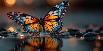Vibrant butterfly resting on a reflective surface during twilight photo