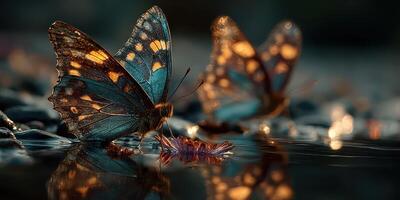 Vibrant butterflies resting by the water's edge at twilight showcasing nature's beauty and tranquility photo