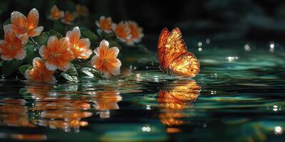 Vibrant orange butterfly rests on water surface near blooming flowers in a tranquil garden setting during a sunny afternoon photo