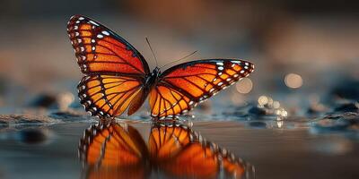 Vibrant butterfly resting on water reveals its stunning colors during golden hour photo
