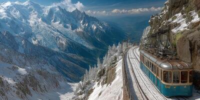 Scenic mountain train travels through snow-covered landscape in winter photo