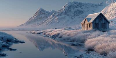 Snowy landscape with a rustic cabin and serene river reflecting mountains at dawn photo