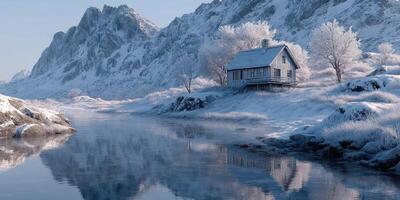 Winter landscape featuring a snowy cabin by a serene river with majestic mountains in the background at dawn photo