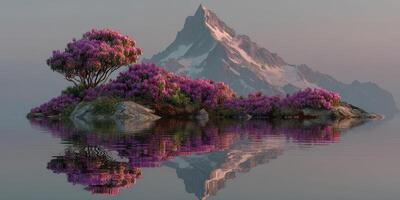 Vibrant pink blossoms surround mountain reflection at tranquil lake during golden hour photo