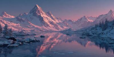 Majestic snow-capped mountains reflect in tranquil lake during twilight in a serene winter landscape photo