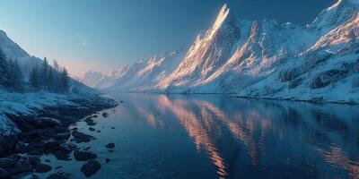 Majestic snow-capped mountains reflecting in serene waters during twilight at a tranquil fjord landscape photo