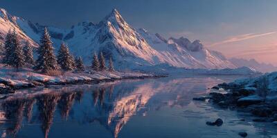 Snowy mountain landscape with reflections at dawn near a serene river photo