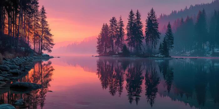 Serene sunset over a tranquil lake reflecting vibrant colors and surrounded by dense pine forest in early evening light photo