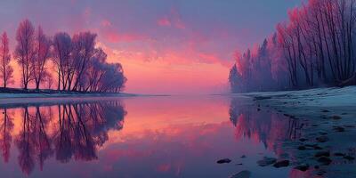 Serene sunrise over calm river reflecting pastel colors and trees along the shore photo