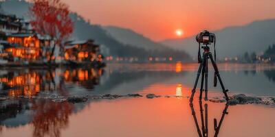 Landscape photograph capturing a sunset over a tranquil lake with reflections and a camera on a tripod photo
