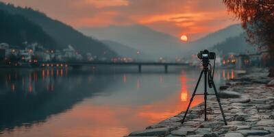 Sunset landscape captured with a camera on a tripod by the riverside with hills in the background photo