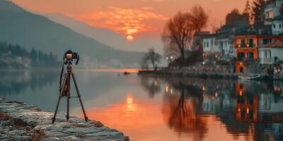Sunset photography session by the lake with tranquil reflections and a picturesque backdrop of quaint buildings photo