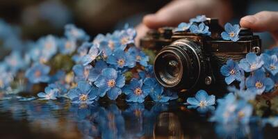Camera surrounded by blue flowers on a reflective surface capturing the beauty of nature in a tranquil setting photo