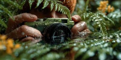 Capturing nature's beauty during rainfall with a camera hidden among ferns and flowers in a lush environment photo