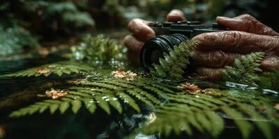 Capturing nature's beauty in a tranquil setting surrounded by lush greenery and gentle water reflections photo