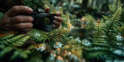 Exploring nature photography with a camera submerged in water surrounded by ferns in a lush forest environment photo