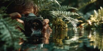 Nature photographer capturing reflections in a serene forest pond during golden hour photo