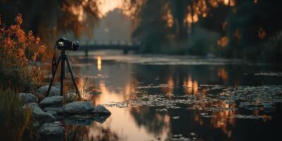 Tranquil riverside evening with a camera set on a tripod at sunset near a wooden bridge photo